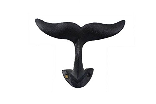 Hampton Iron Rustic Black Cast Iron Decorative Whale Tail Hook 5" - Sea Decor - Beach Theme
