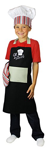 M√úkitchen Kids Apron Set | Oven Mitt, Chef‚Äôs Hat & 24" Kids Cooking Apron for the Kitchen, Chef Costumes & Crafts | 100% Cotton | Extra Long Ties at Neck & Waist | Machine Washable | Chef in Training