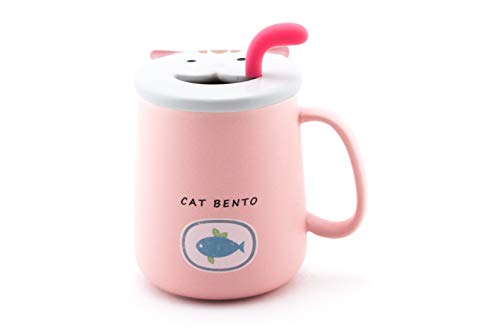 FMC Fuji Merchandise Cute Novelty Kitten Cat Ceramic Coffee Tea Mug with Lid Spoon 14 fl oz Mug (Pink)