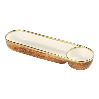 Pampa Bay Wood Look Titanium-Plated Porcelain Chip and Dip, 16.8 x 5.5 Inch, Gold/White/Wood look