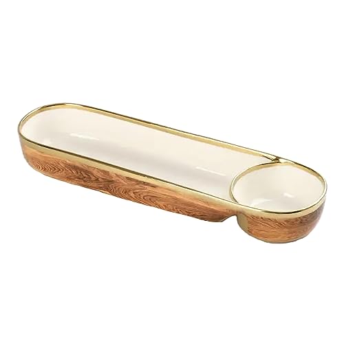 Pampa Bay Wood Look Titanium-Plated Porcelain Chip and Dip, 16.8 x 5.5 Inch, Gold/White/Wood look