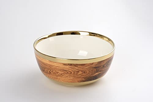 Pampa Bay Wood Look Titanium-Plated Porcelain Large Bowl, 10.5 Inch, Gold/White/Wood look