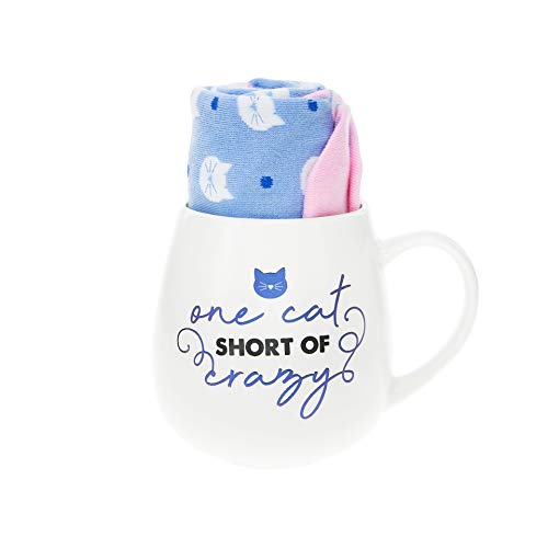 Pavilion Gift Company 71307 One Short Of Crazy Cat Socks & 15.5 Oz Coffee Cup Mug Gift Set, White