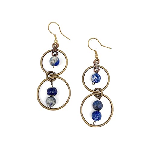 Anju Banjara Wire-Wrapped Earrings with Lapis Stone for Women, 2.75-inch Length, Antiqued Brass