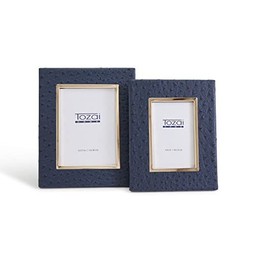 Tozai Set of 2 Navy Ostrich Photo Frames with Gold Edge Includes 2 sizes: 4" x 6" and 5" x 7"