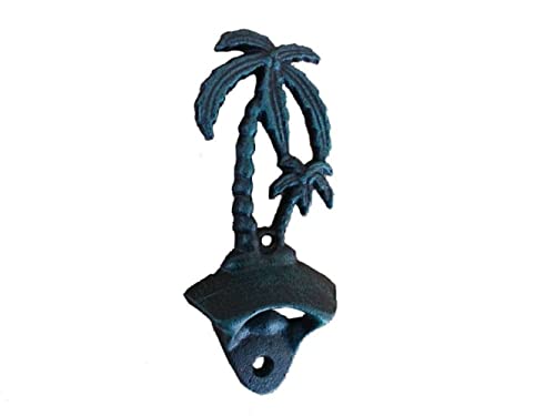 Handcrafted Nautical Decor Seaworn Blue Cast Iron Wall Mounted Palm Tree Bottle Opener 6" - Novelty Bottl