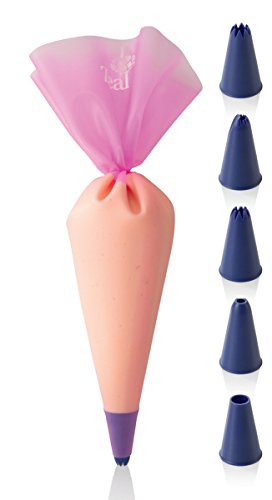 Kitchen Innovations ZEAL 6 piece Professional Cake Decorating Set - Reusable Silicone Piping Bag and Tips - Pink and Purple
