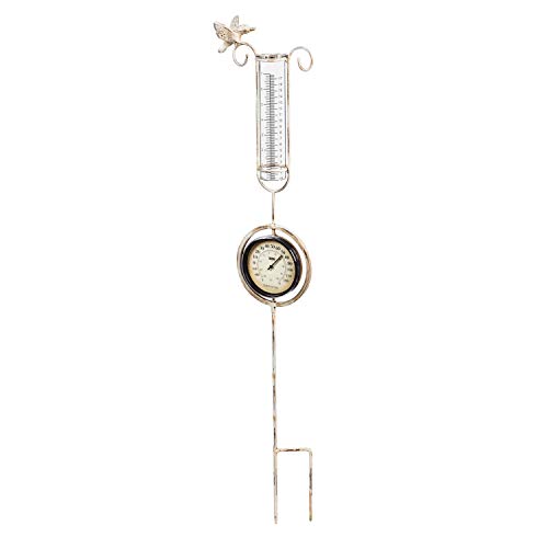 Evergreen Garden Beautiful Metal Butterfly Thermometer and Rain Gauge Garden Stake - 7 x 4 x 36 Inches Fade and Weather Resistant Outdoor Decoration for Homes, Yards and Gardens