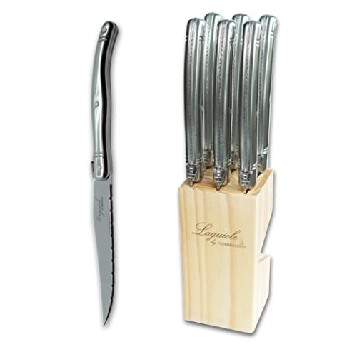 ArteNostro Laguiole Steak Knife Set (6) ‚Äì Stainless Steel Handle - Pine Wood Block