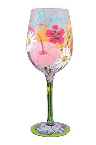 Enesco Designs by Lolita I Love You Mom Flowers Artisan Hand-Painted Wine Glass, 15 Ounce, Multicolor
