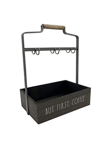 DesignStyles Rae Dunn Coffee Mug Holder - 6 Hook Coffee Cup Rack with Rectangular Rustic Style Crockery Holder - Storage or Display - Mug Stand Organizer for Kitchen Counter or Cafe Countertop - "But First Coffee"