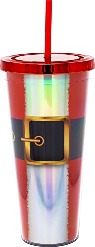 Spoontiques - Acrylic Foil Cup with Straw - 20 - Metallic Locking Lid with Straw - Double Wall Insulated - BPA Free - Santa Suit Foil Tumbler
