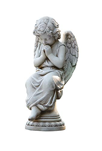 Roman Joseph's Studio Seated Angel on Pedestal Large 17 inch Grey Stone Finish Garden Statue