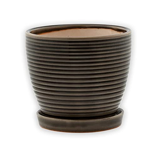 Napco 13924 Ribbed Brown 6 x 6.5 Ceramic Standing Container Garden Planter Pot with Saucer