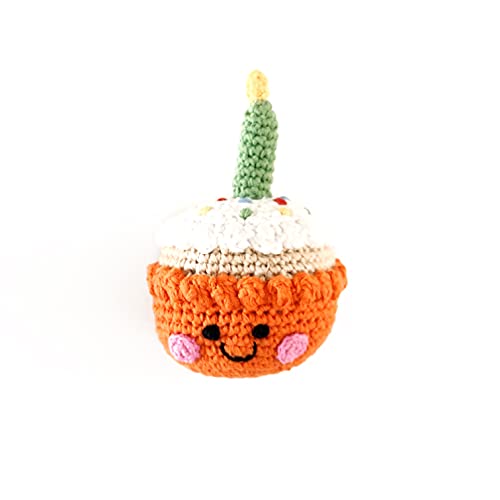 Pebble 200-015O Friendly Cupcake with Candle Rattle, 5.1-inch Length, Cotton Yarn, Orange