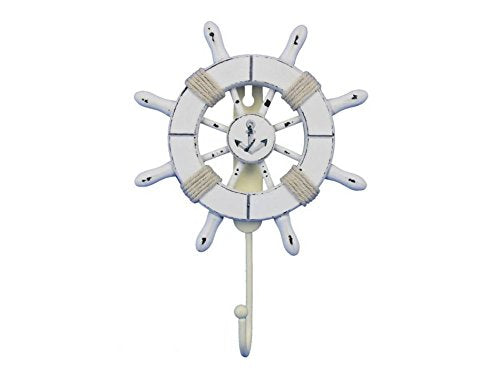 Hampton Iron Handcrafted Nautical Decor Rustic All White Decorative Ship Wheel with Anchor with Hook 6" - Wooden Ships