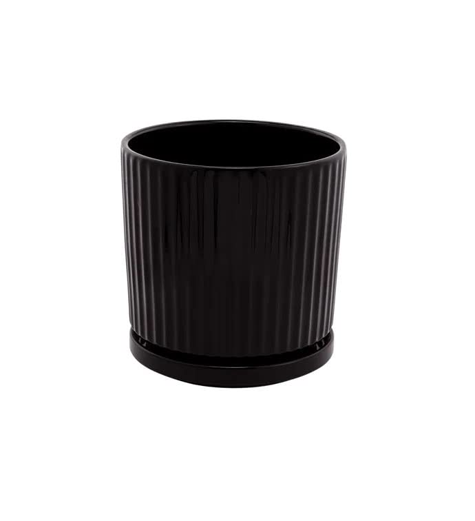 Napco Ridged Cylinder Ceramic Pot for Indoor Plants Planter with Saucer, 4.75 x 4.75, Black