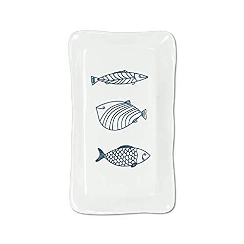 Abbott Collection  27-CORFU-690 Large Rectangle Fish Plate, 1 EA, White/Blue