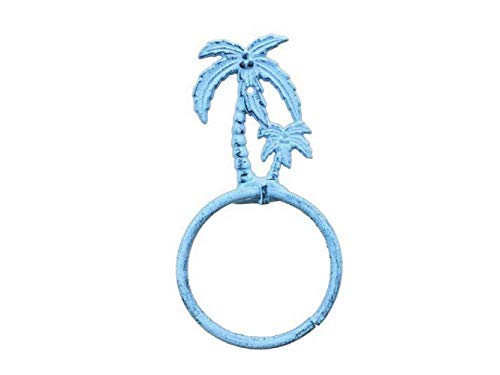 Hampton Iron Dark Blue Whitewashed Cast Iron Palm Tree Towel Holder 9" Bathroom Beach Decor