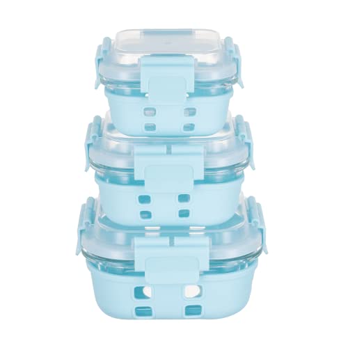 Genicook HI-TOP Lids with Pro Grade Removable Lockdown Levers and Silicone Sleeve Square Container, Set of 3, Blue, Kitchen Accessories