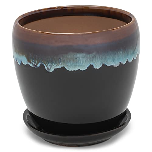 Napco Glazed Sky Blue and Black 3.75 x 3.5 Inch Ceramic Flower Pot Planter with Saucer