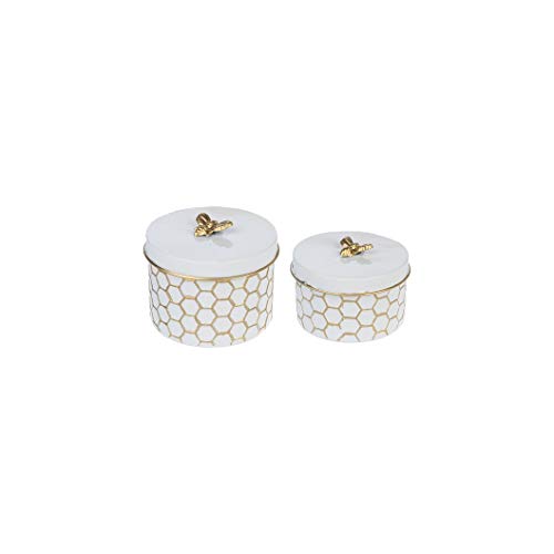 Ganz CB176452 White and Gold Honeycomb Decorative Bee Box, Set of 2, 5-inch Diameter