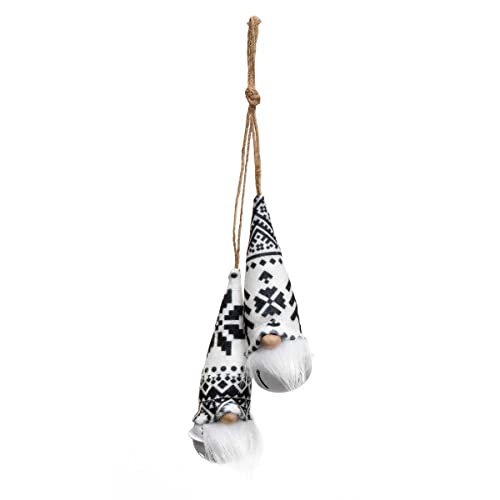 MeraVic Danish Double Bell Hanging Ornament White with Black/White Hat, Wood Nose, White Beard and 5.5" Twine Hanger, 4.5 Inches, Christmas Decoration