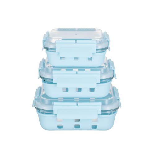 Genicook HI-TOP Lids with Pro Grade Removable Lockdown Levers and Silicone Sleeve Rectangular Container, Set of 3, Blue, Kitchen Accessories