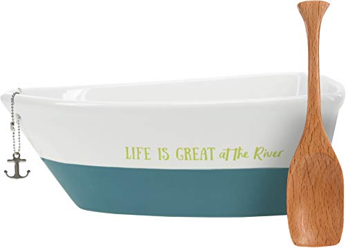 Pavilion Gift Company Life Is At The River - Boat Shaped Dip Serving Bowl With Bamboo Scoop And Removable Anchor Keychain, 7", Blue