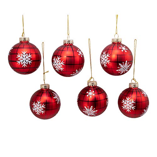 Kurt Adler Kurt S. Adler 80MM Red Plaid with Snowflakes Glass Ball, 6 Piece Box Ornament, Black, White