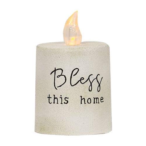 Bless This Home Candle 6 Hour Timer (Batteries NOT Included) White Grungy Cement Texture Pillar Farmhouse Primitive Rustic Look