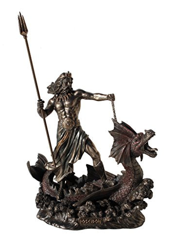 Unicorn Studio Poseidon With Trident Standing On Hippocampus, Cold Cast Bronze, 9 1/4 Inch Tall