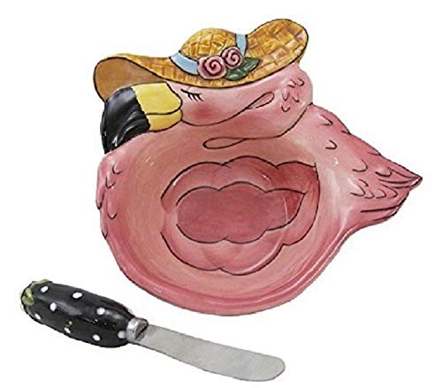 Blue Sky Clayworks Dining Ceramic Miss Precious Flamingo 6.25'' x 6'' Dip Bowl and Spreader Set 616023