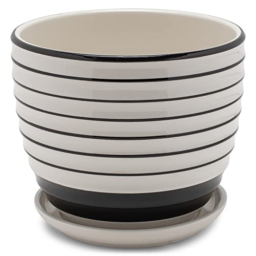 Napco Striped White and Black Ribbed 4 x 5.25 Inch Ceramic Flower Pot Planter with Saucer