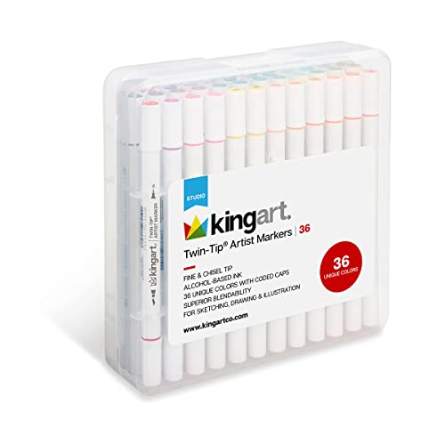 KINGART Studio Twin-Tip‚Ñ¢ Permanent Alcohol-Based Sketch Markers, Storage/Travel Case, Set of 36 Unique Colors