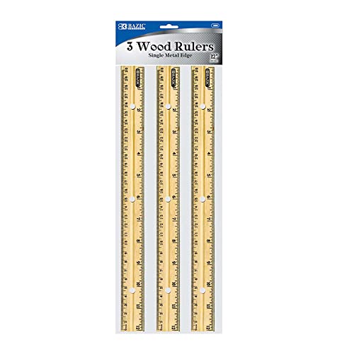 BAZIC 12" (30cm) Wooden Ruler, Singel Metal Edge, Inches Centimeter Metric Measuring Drafting Tools, Accuracy Rulers for Kids Students Professional (3/Pack), 1-Pack