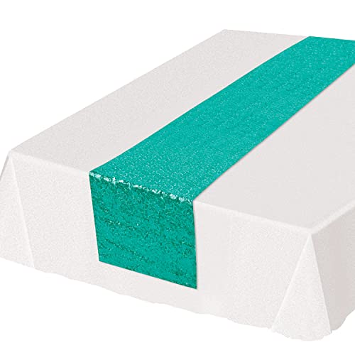 Beistle Rectangular Shiny Sequined Table Runner For Party Event Birthday Wedding Baby Shower Holiday Celebration Decorations, 11.25" x 75", Turquoise