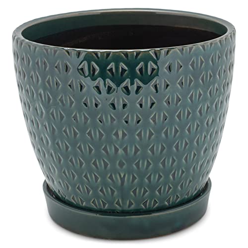 Napco Geometric Triangle Teal Green 6 x 6.5 Inch Ceramic Flower Pot Planter with Saucer