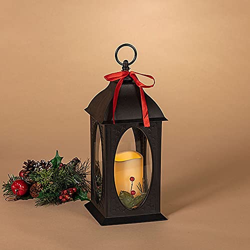 Gerson 2665680 Black Plastic Lantern with LED Candle, Ribbon and Candle Ring, Battery Operated, 11-inch Height