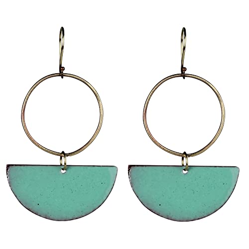 HomArt Hoop with Semi Circle Donte Earrings, 2.75-inch Height, Aqua, Enamel and Brass