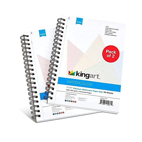 KINGART Pad, Textured, Perforated, Cold Press, Side Wire Bound, 140 Lbs. (300G), 7" X 10", 30 Sheets, 2-Pack Watercolor Paper, (Pack of 2), White 2 Piece