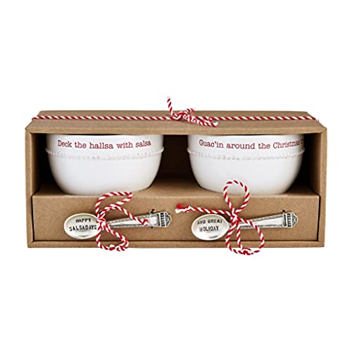 Mud Pie Holiday Guac and Salsa Dip Set, bowl 2.5" x 4" dia; spoon 3.5", Dolomite