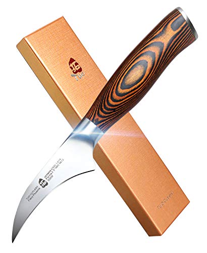 TUO Cutlery Bird-Beak Paring Knife, Handy Peeling Knife, German X50CrMoV15 Stainless Steel, Full Tang Eye-catching Ergonomic Pakkawood Handle, Razor Sharp Stain Rust Resistant, Fiery Series, 2.5 inch