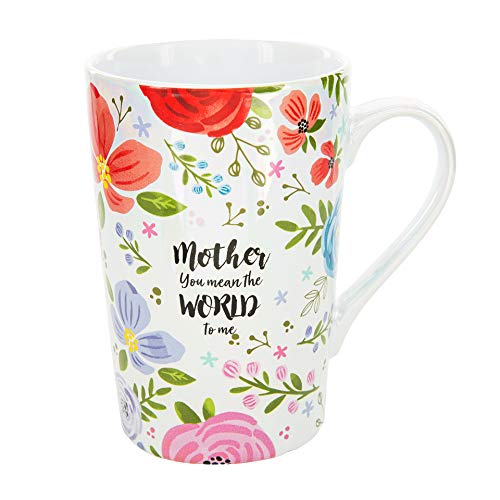Pavilion Gift Company 57007 Mother You Mean The World To Me 15 Oz Stoneware Iridescent Floral Latte Coffee Cup Mug, White