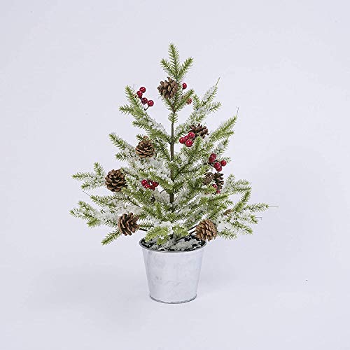 Gerson 22 Inch Decorative Holiday Tree with Pine Cones Berries and Snow in A Bucket