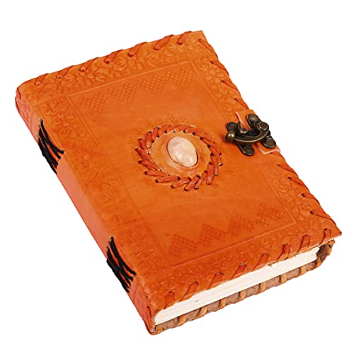 TUZECHLeather Journal Large Writing Notebook - Handmade Leather Bound Vintage Journal For Women and Men with Lock And Semi-Precious Stone Gift For Art Sketchbook, Travel Diary And Notebooks To Write In 7 by 5 Inches (Orange)