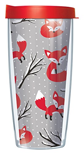 Freeheart Signature Tumblers Snowy Fox Wrap on Gray 16 Ounce Double-Walled Christmas Travel Tumbler Mug with Cherry Red Easy Sip Lid