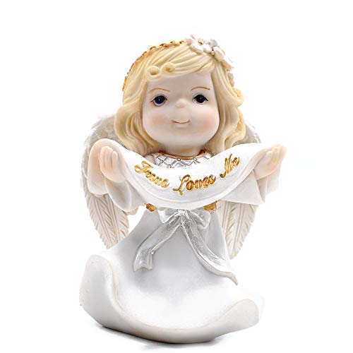 Comfy Hour Praying Girl Communion Collection Resin Girl Angel Holding Banner Jesus Loves Me Figurine Keepsake My First Communion