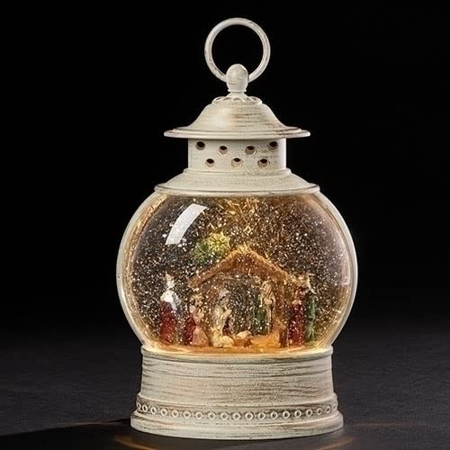 Roman LED Nativity Lantern  Rustic White 11 x 7 Acrylic Holiday Snow Globe Swirl Dome