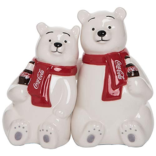 Transpac Coca Cola Ceramic Hugging Polar Bear Salt and Pepper Shaker Set, Hugging Coke Polar Bears Collectible Ceramic Coca-Cola Salt & Pepper Shakers